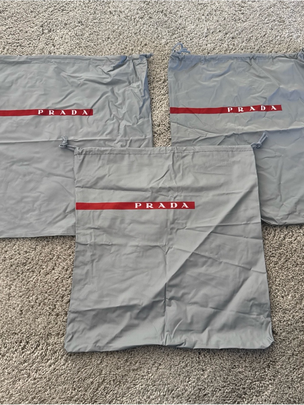 3 Prada Shoe Clothing Dust Bag Gray Nylon Drawstring Red Line Logo 12” x 14”